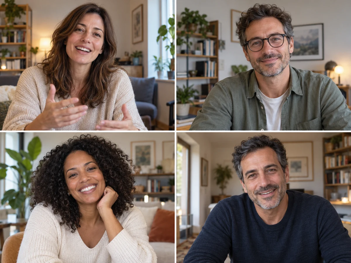 Four adults enjoying a relaxed online Spanish conversation